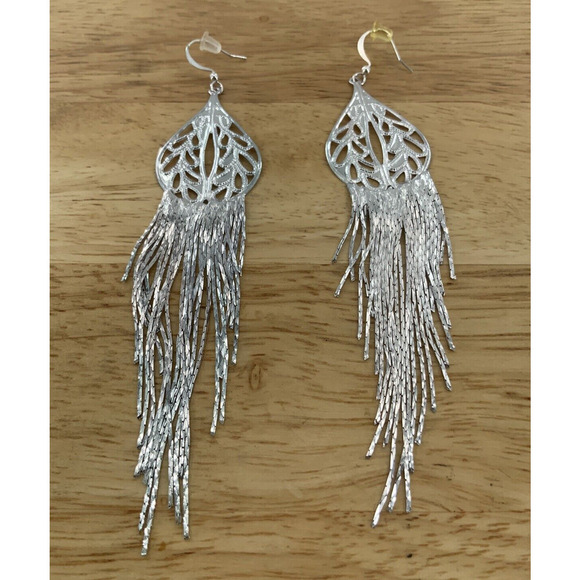 Silver Tone Fringe Tassel Dangle Boho French Hook Fashion Statement Earrings NEW - Picture 3 of 7
